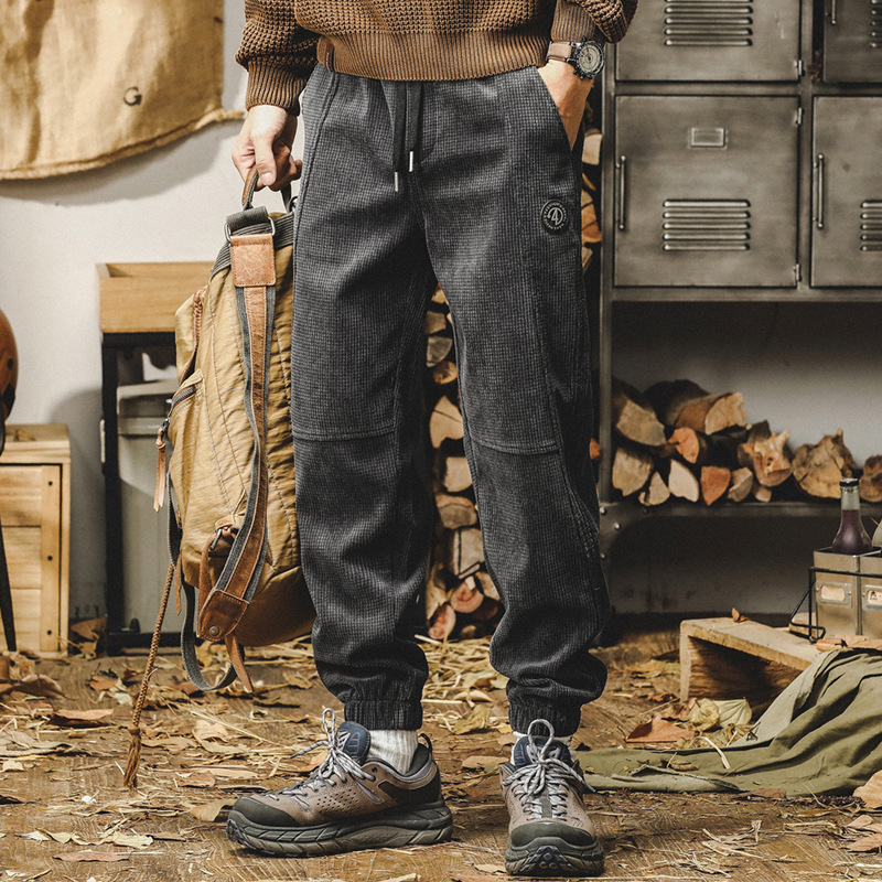 杰雷諾燈芯絨休閒褲男秋冬款寬鬆大碼束腳衛褲美式重磅加絨褲子男