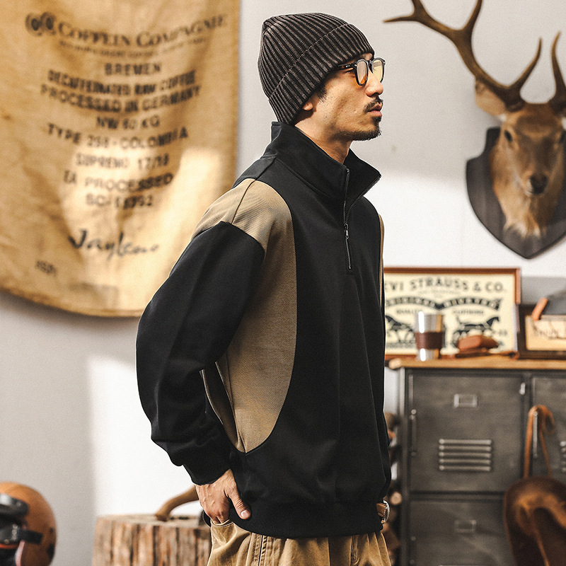 美式重磅復古黑色衛衣男秋季潮牌拼接設計半拉鍊潮流男士寬鬆上衣