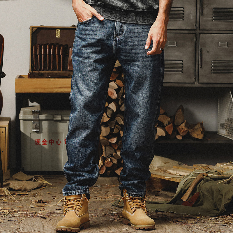 杰雷諾美式重磅石磨水洗牛仔褲男直筒寬鬆春秋季刺繡休閒長褲子男