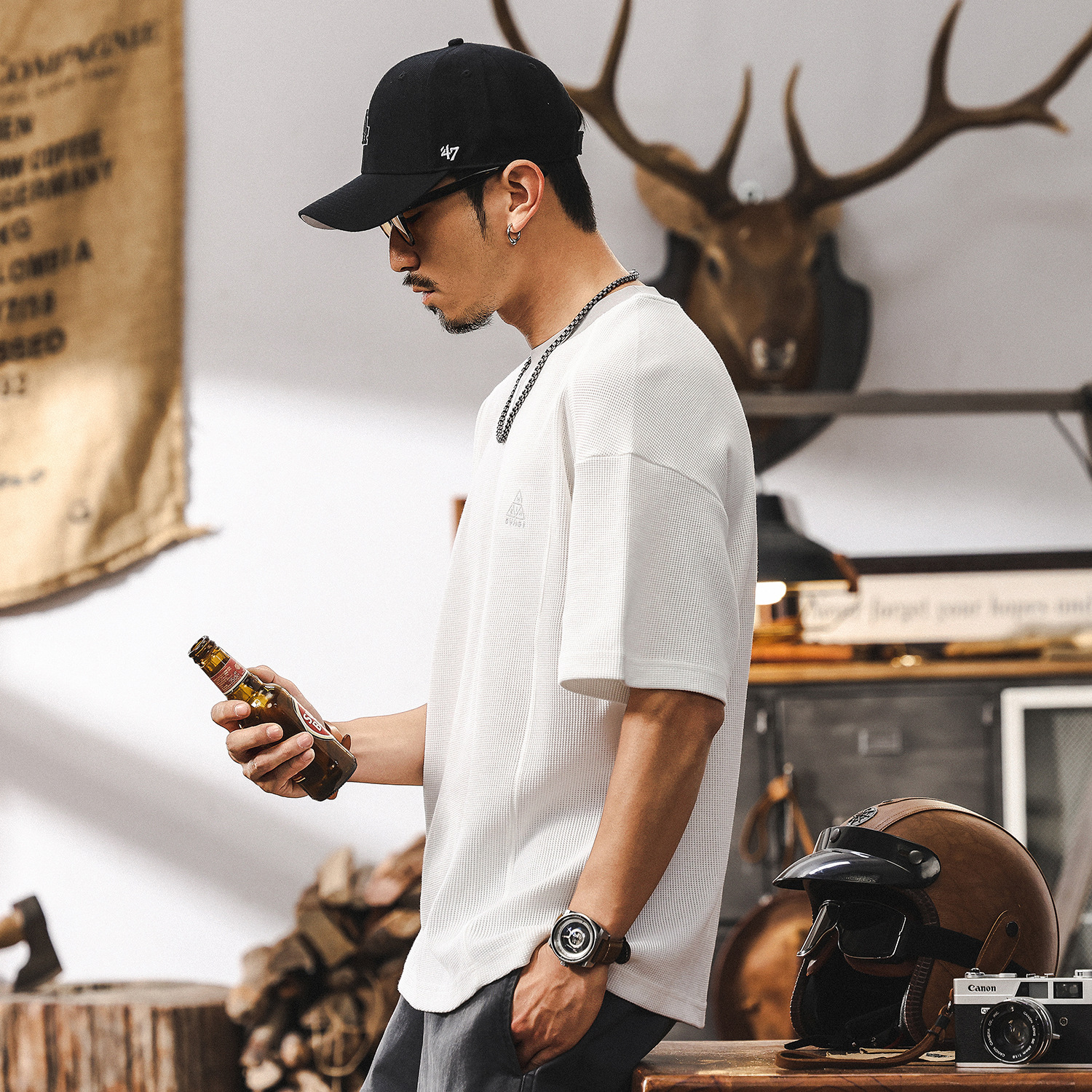 夏季潮牌撞色拼接美式短袖T恤男2025新款寬鬆肌理男士假兩件上衣