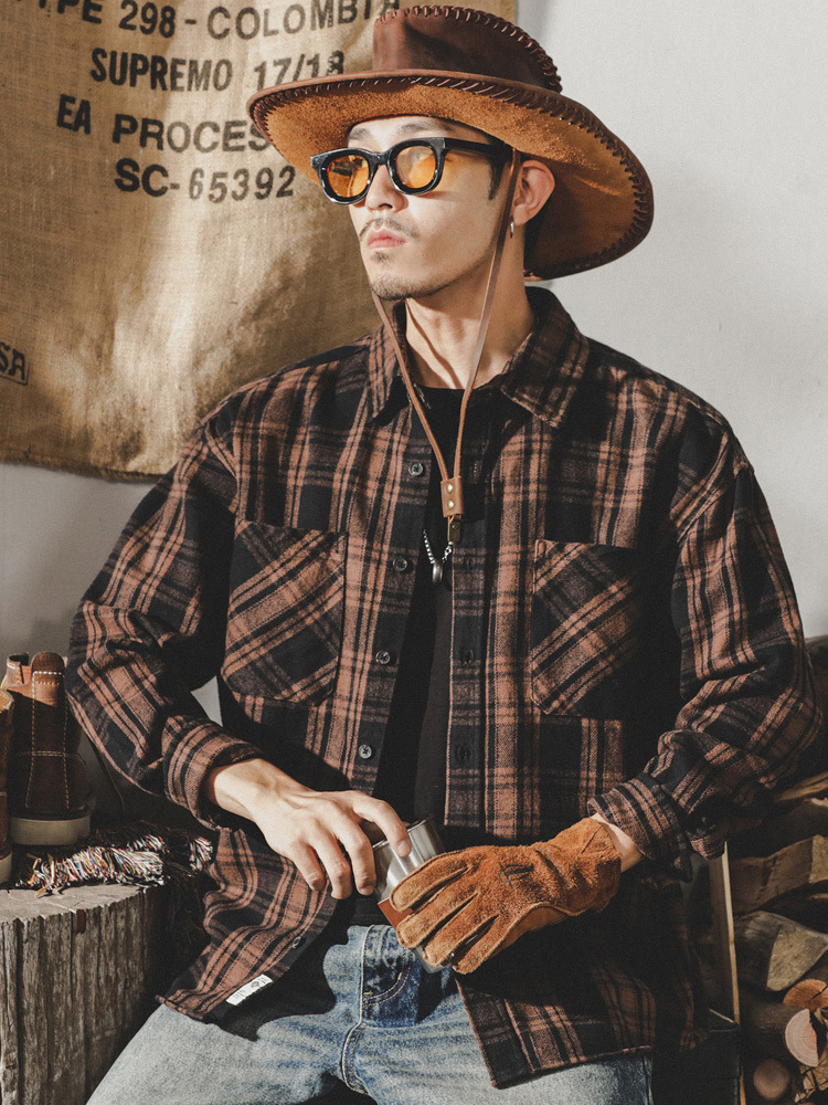 美式復古重磅純棉長袖格子襯衫男加厚寬鬆休閒襯衣潮牌外套秋冬款