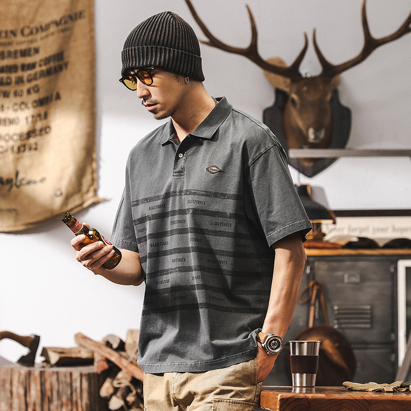 美式重磅復古polo衫短袖男夏季T恤2025新款潮牌做舊條紋寬鬆上衣T