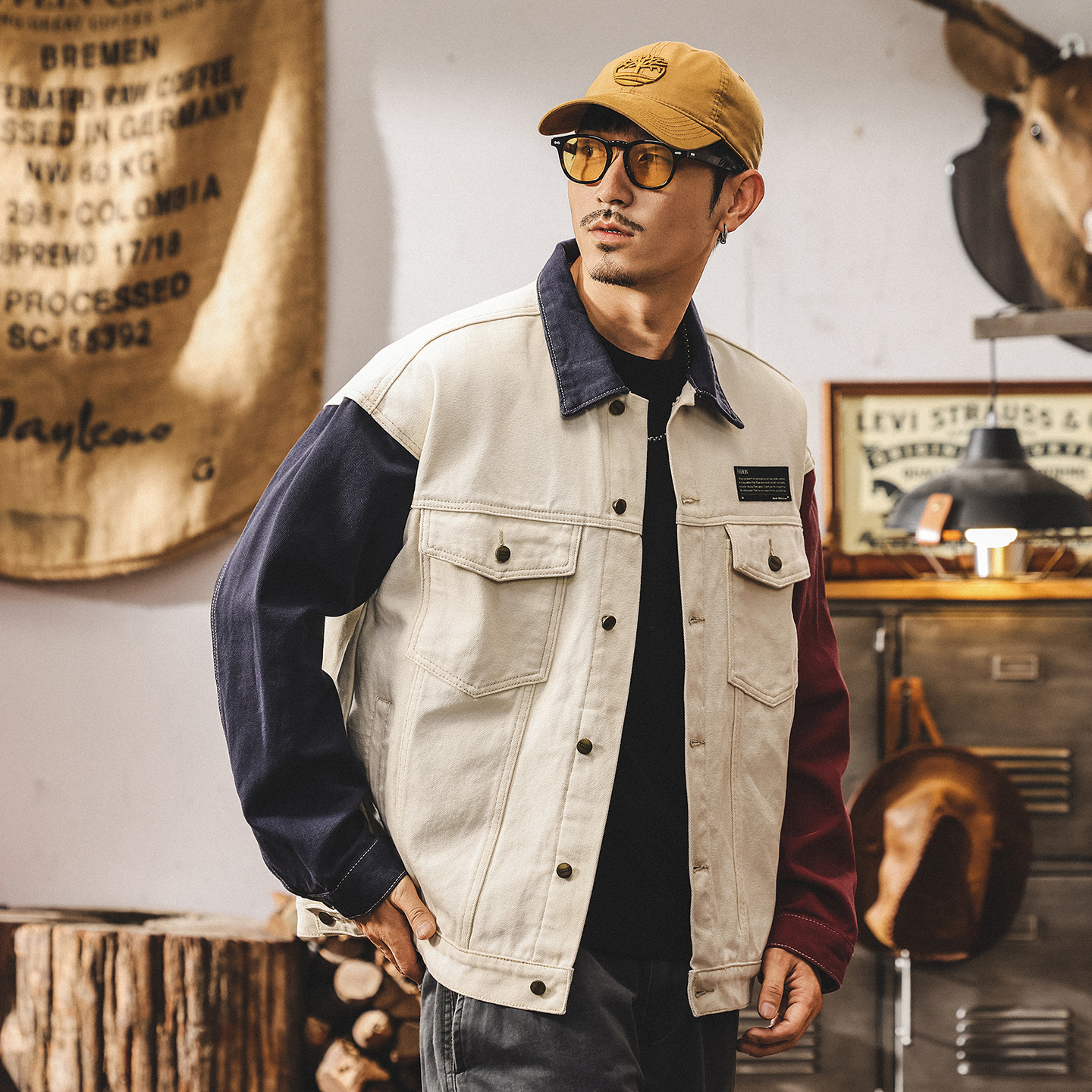 美式復古工裝外套男秋春2025新款潮牌帥氣拼接撞色寬鬆夾克男秋季