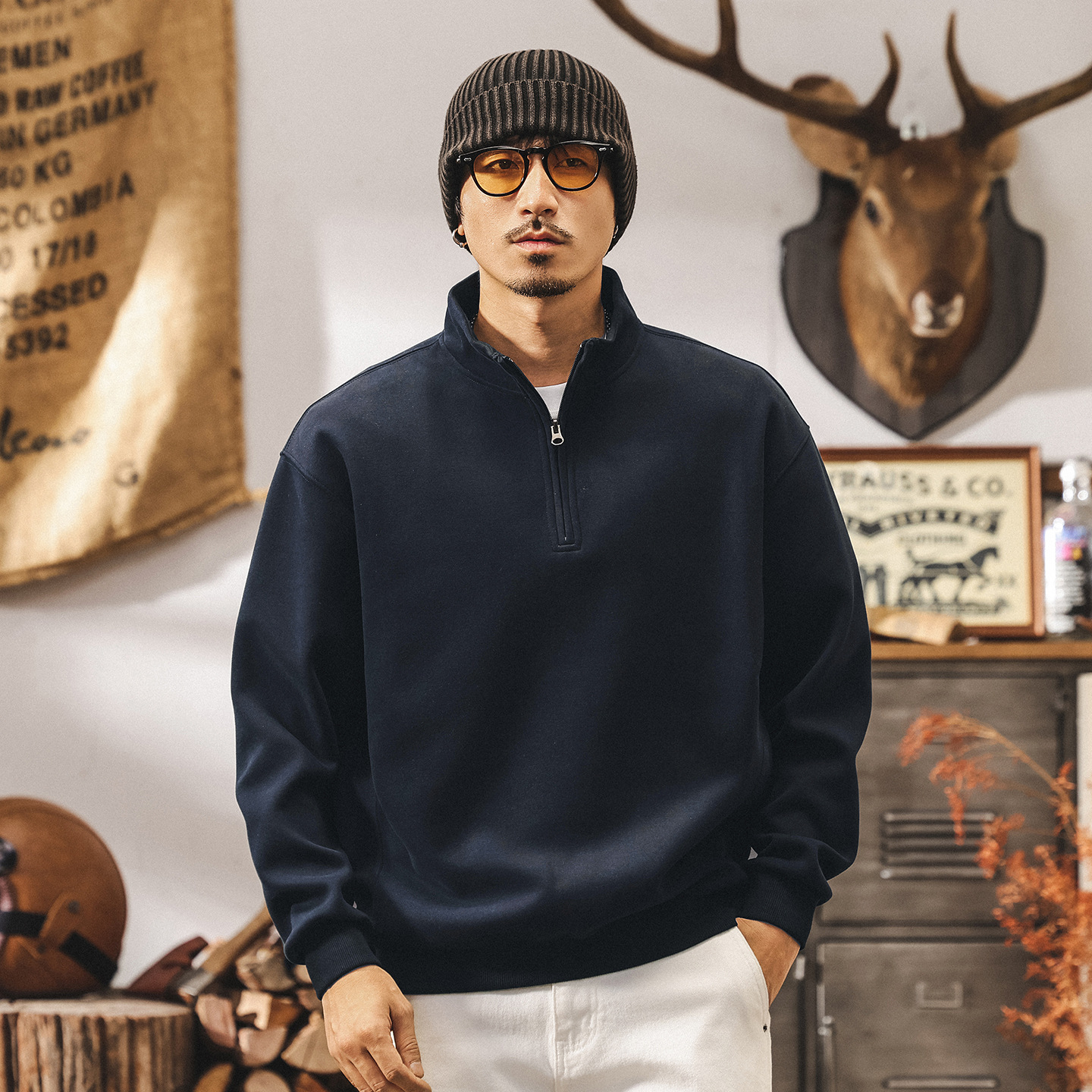 美式復古半拉鍊重磅衛衣男春秋2025新款寬鬆大碼休閒立領潮牌上衣