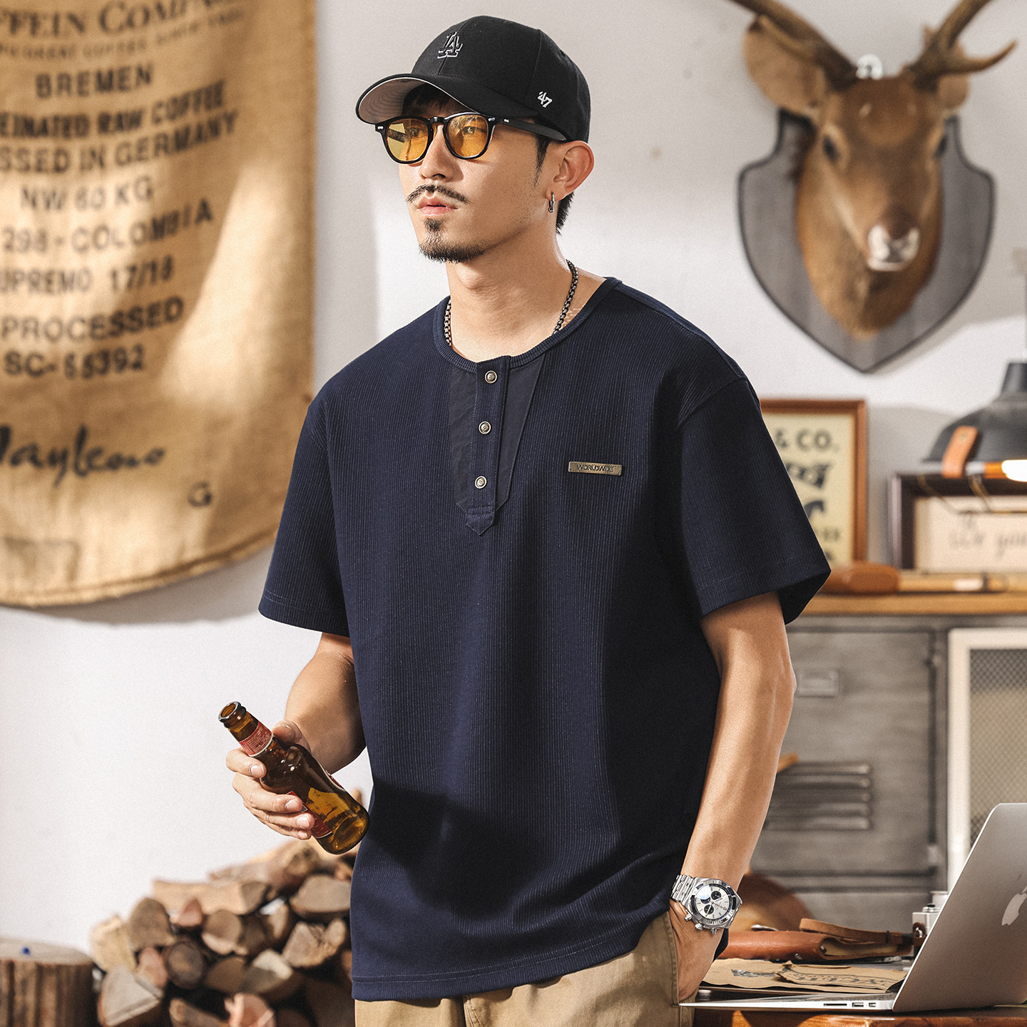 美式重磅POLO衫男士夏季新款短袖T恤復古亨利領寬鬆休閒男裝上衣T