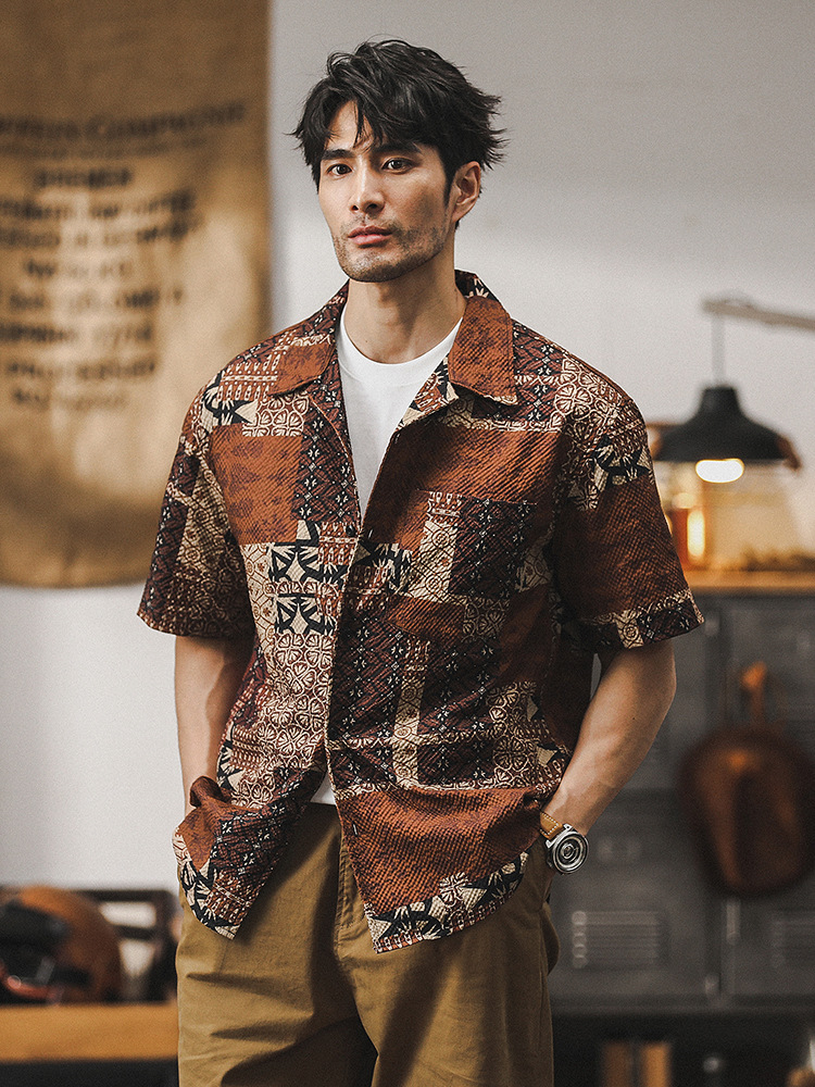 杰雷諾古巴領襯衫男短袖夏季涼感泡泡紗美式夏威夷痞帥民族風襯衣