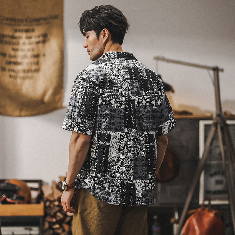 杰雷諾古巴領襯衫男短袖夏季涼感泡泡紗美式夏威夷痞帥民族風襯衣