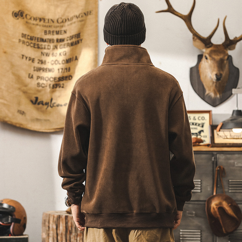 美式復古雪尼爾360g重磅半高領衛衣男冬季加厚條絨寬鬆大碼外套男
