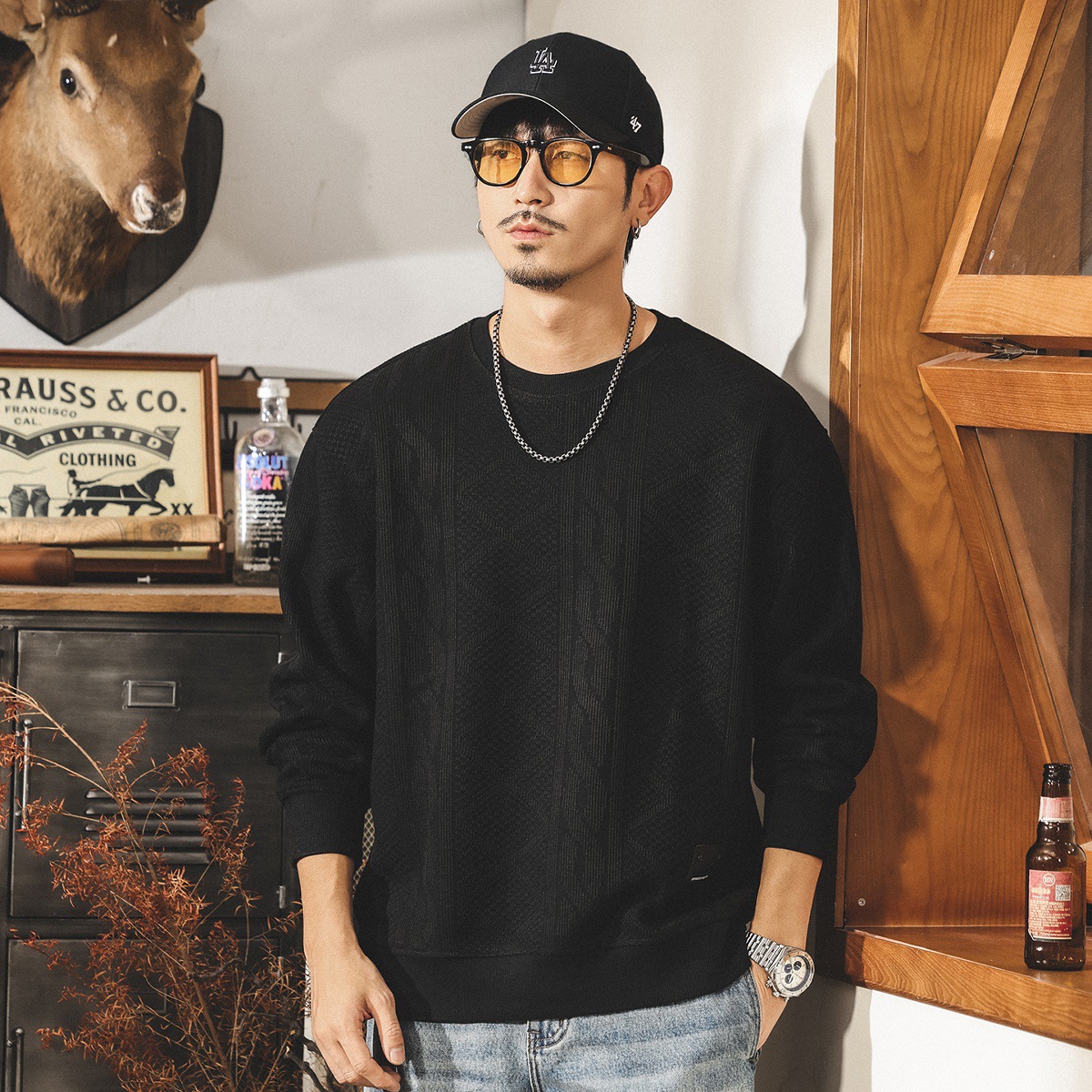 美式復古480g重磅衛衣男士2025新款潮流提花寬鬆大碼秋冬款衣服男