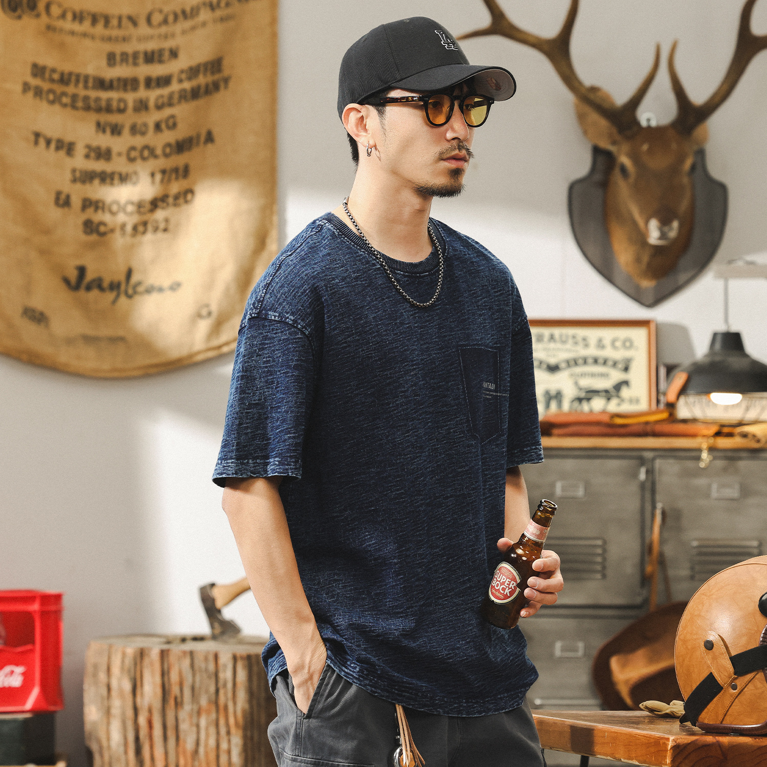 高級感竹節針織牛仔短袖男款夏季T恤男寬鬆潮牌美式復古上衣