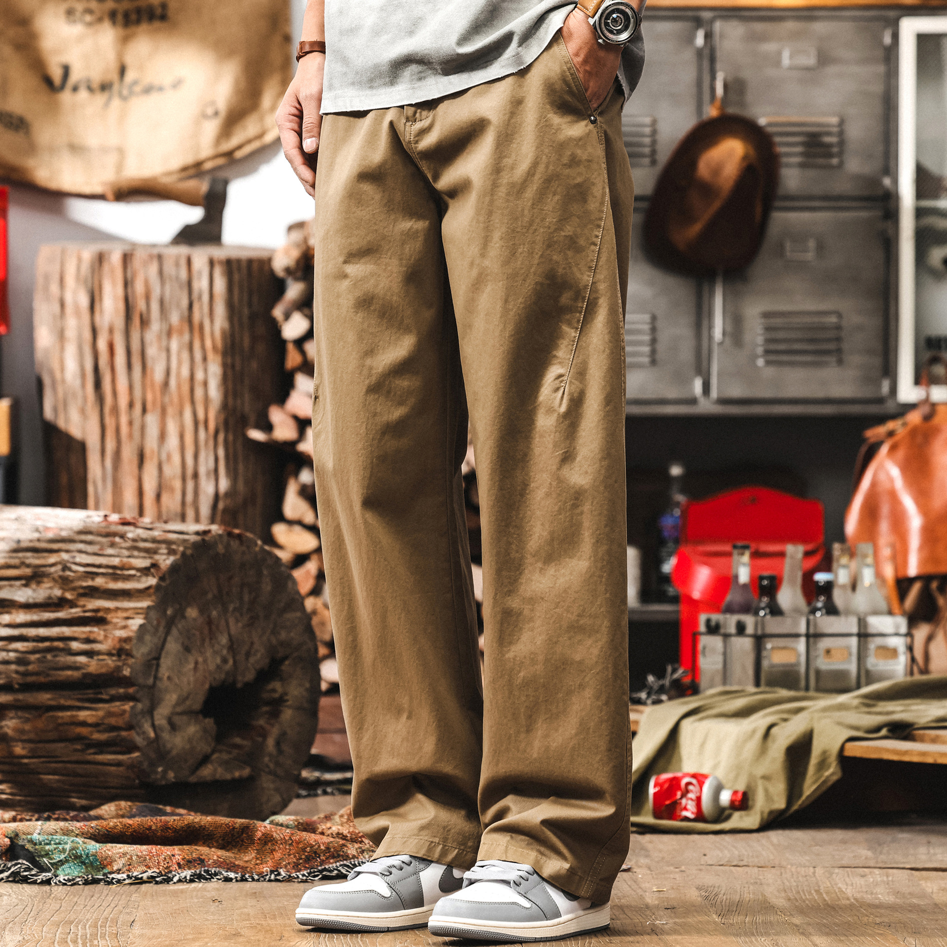 美式復古工裝褲子男春季2025新款簡約百搭卡其色休閒褲男直筒長褲