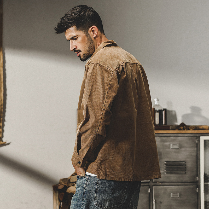 杰雷諾加厚條紋燈芯絨襯衫外套男秋冬款美式復古重磅寬鬆工裝夾克