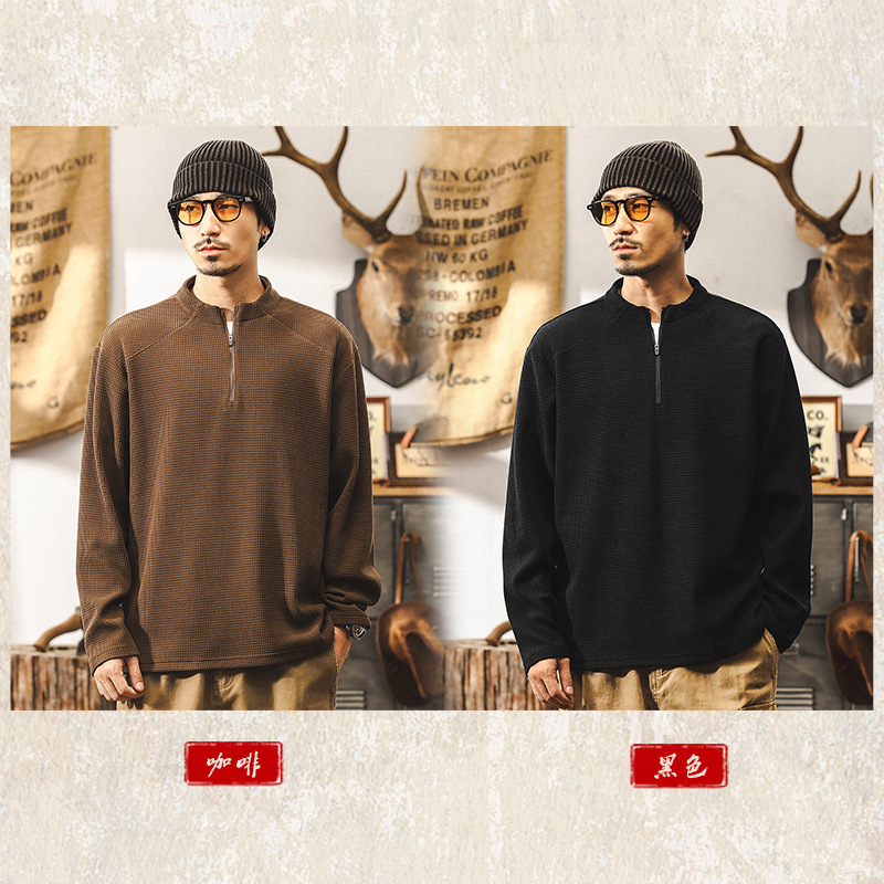 美式復古歐棉絨400g重磅衛衣男春秋長袖T恤男秋季半拉鍊寬鬆上衣