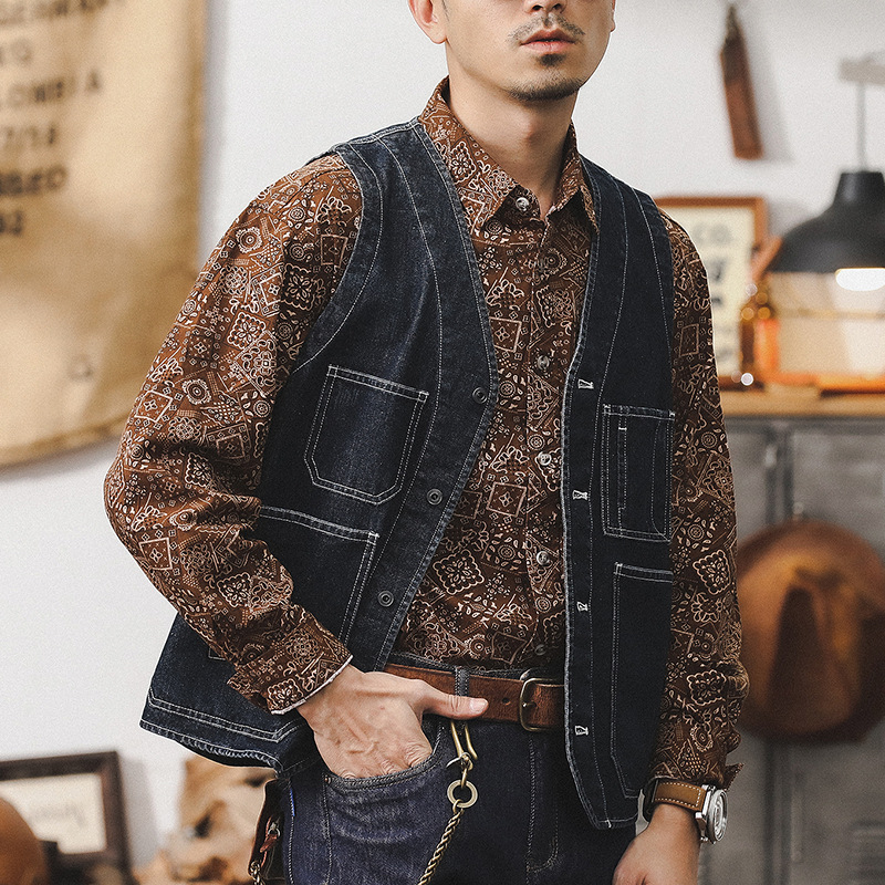 美式復古水洗牛仔馬甲外套男2024新款阿美咔嘰背心男重磅工裝夾克