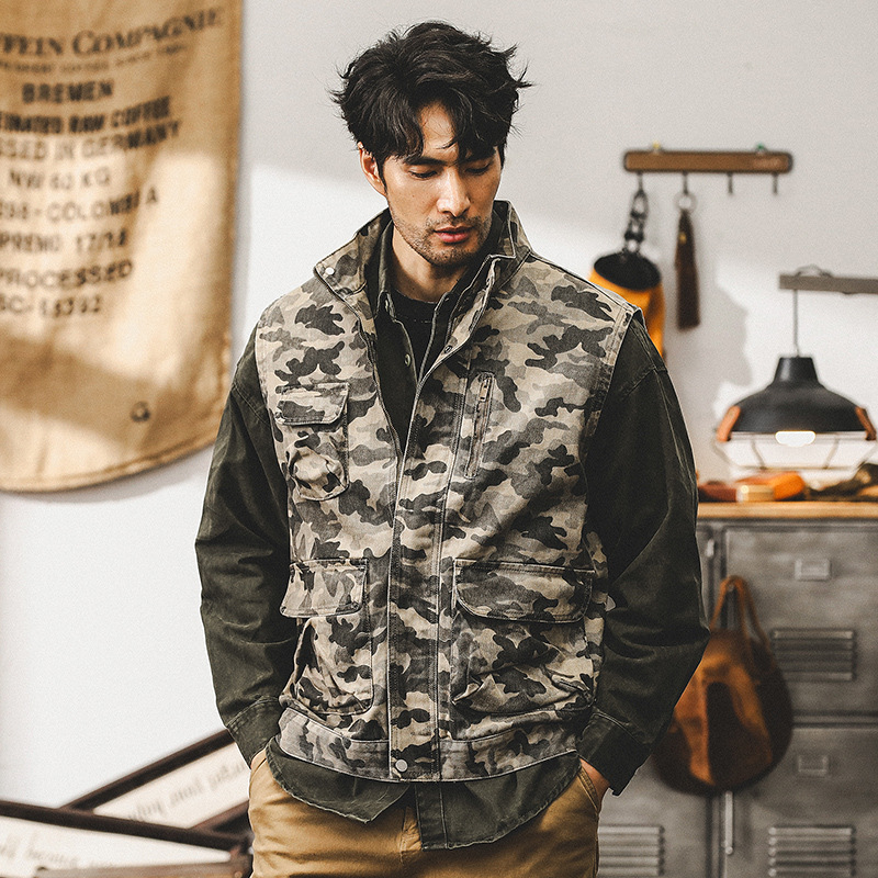 美式複古重磅迷彩夾克外套男秋季戶外機能寬松阿美咔叽工裝馬甲男