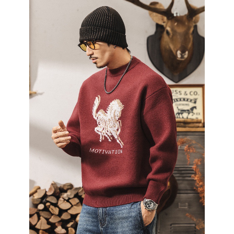 美式復古重磅絨感紅色毛衣男款冬季加厚保暖毛線衣寬鬆男士針織衫