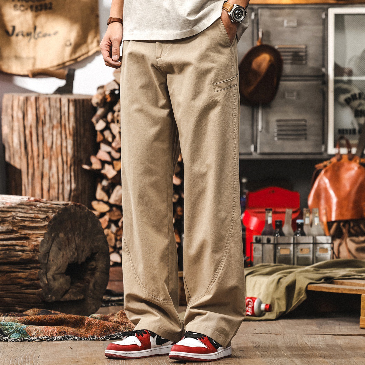 美式復古彎刀休閒褲男夏季萊賽爾男士褲子垂感寬鬆直筒工裝長褲男