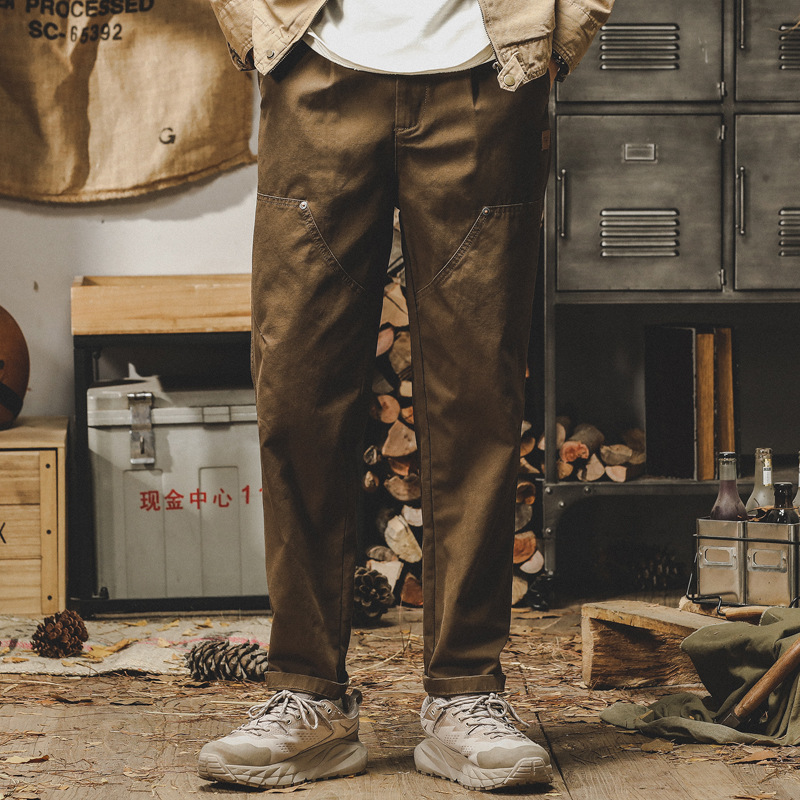 美式重磅工裝褲子男寬鬆直筒休閒褲秋冬款潮流水洗做舊雙膝伐木褲