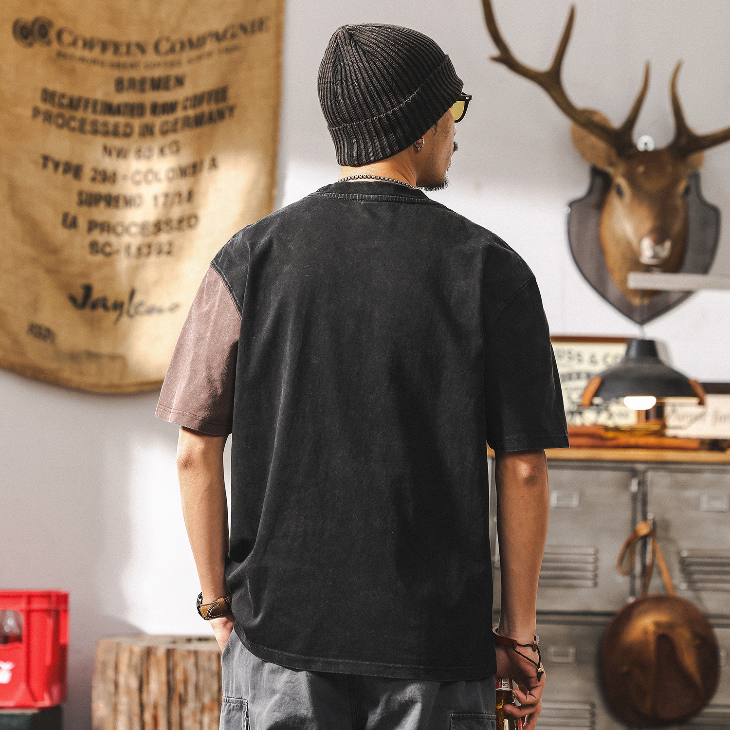 美式復古水洗做舊重磅T恤男短袖2025新款夏季寬鬆撞色半袖上衣男T