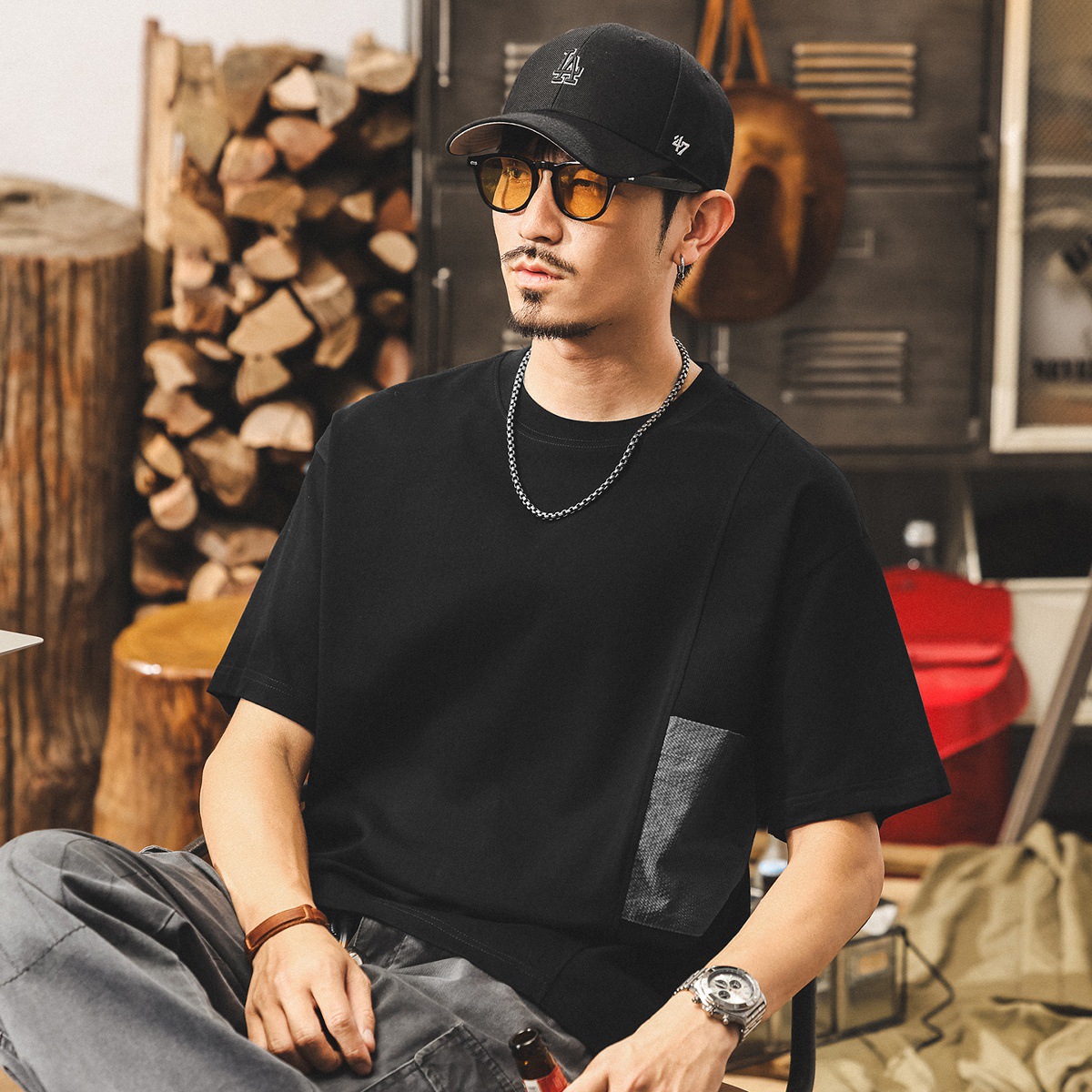 美式高級質感短袖男士T恤夏季新款潮牌拼接撞色上衣T寬鬆男裝體恤