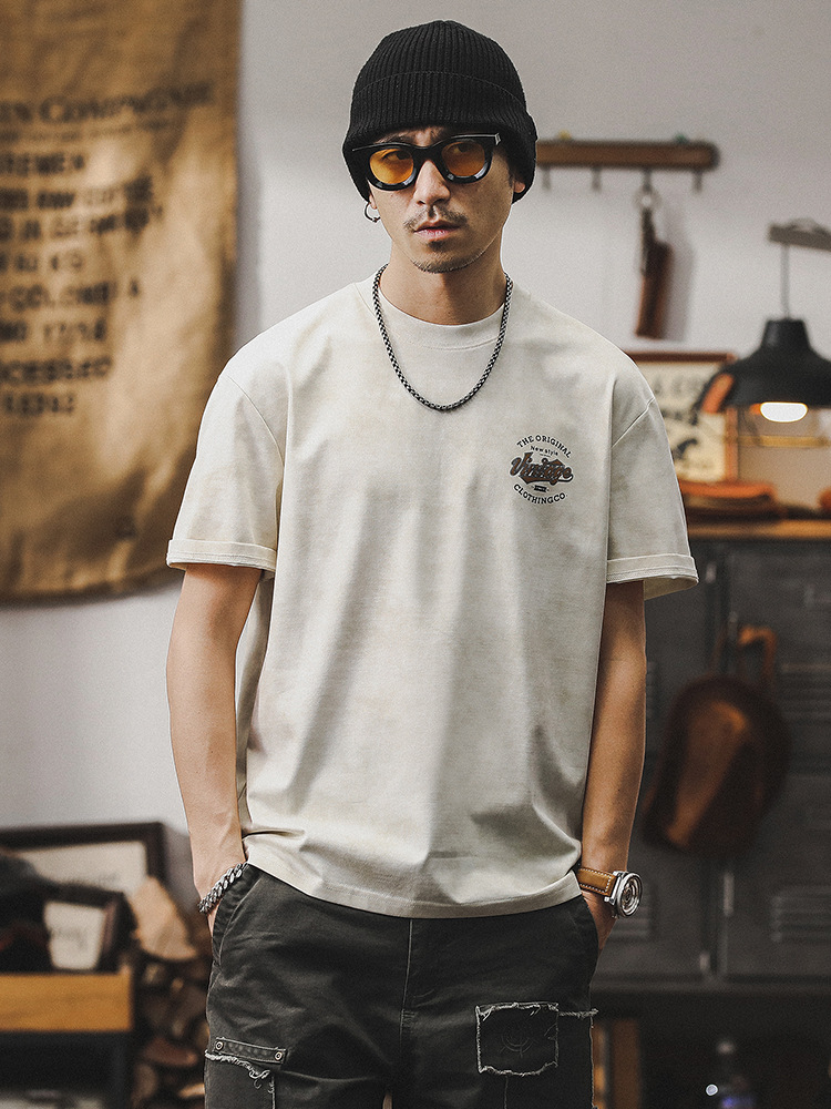 235g重磅發泡印花T恤男夏季短袖2024新款美式復古潮牌寬鬆上衣男