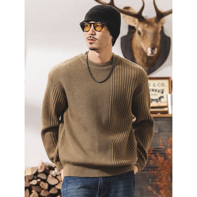 美式復古重磅圓領毛衣男春秋2025新款毛線衣寬鬆保暖針織衫上衣男