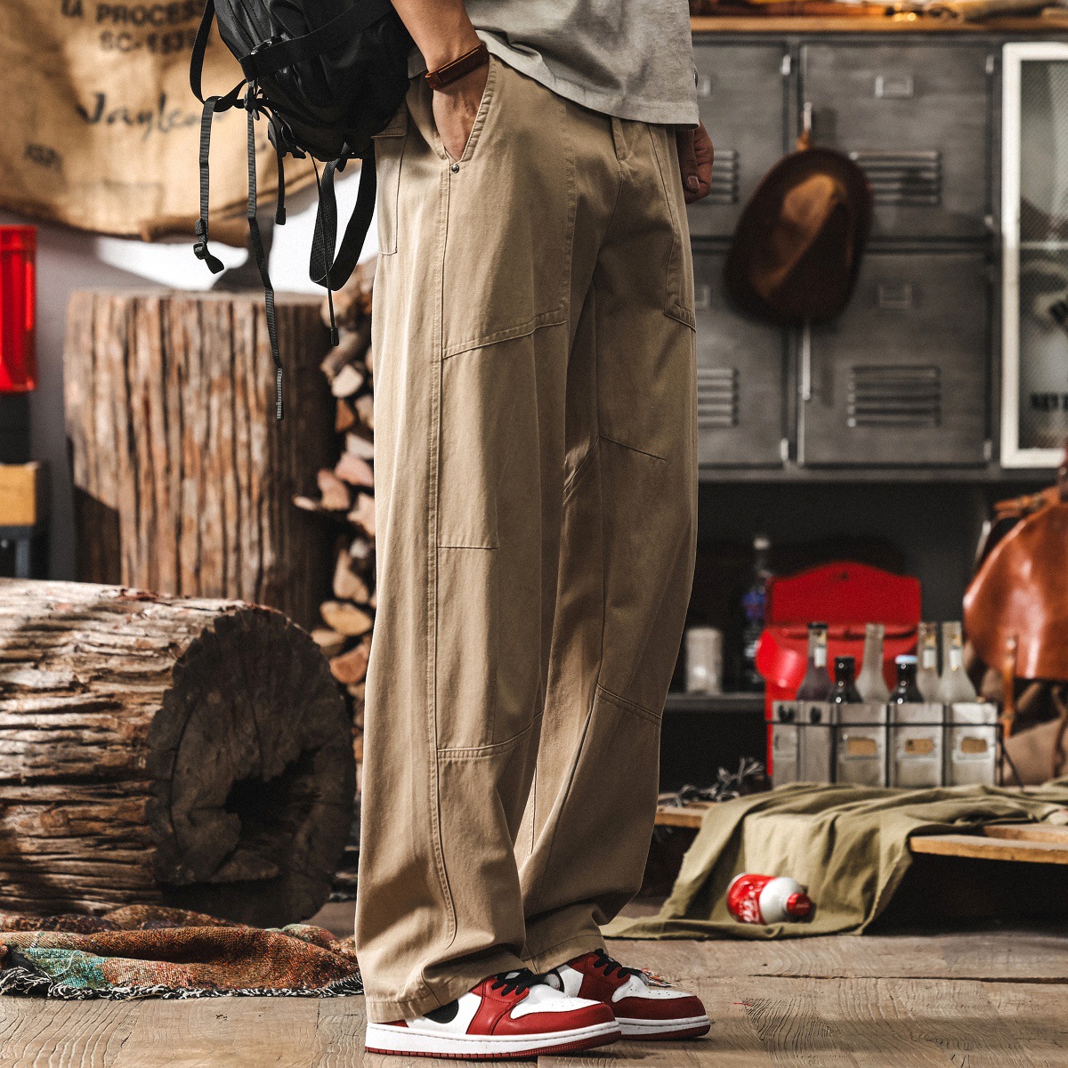 美式復古垂感萊賽爾卡其色褲子男夏季薄款休閒褲男寬鬆直筒工裝褲