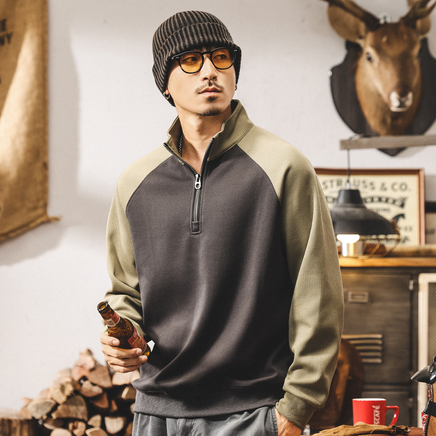 美式復古重磅拉鍊半高領衛衣男2025新款春秋潮牌撞色寬鬆休閒上衣