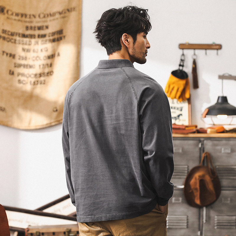 美式復古水洗T恤男秋季2024新款重磅衛衣寬鬆潮牌長袖POLO衫