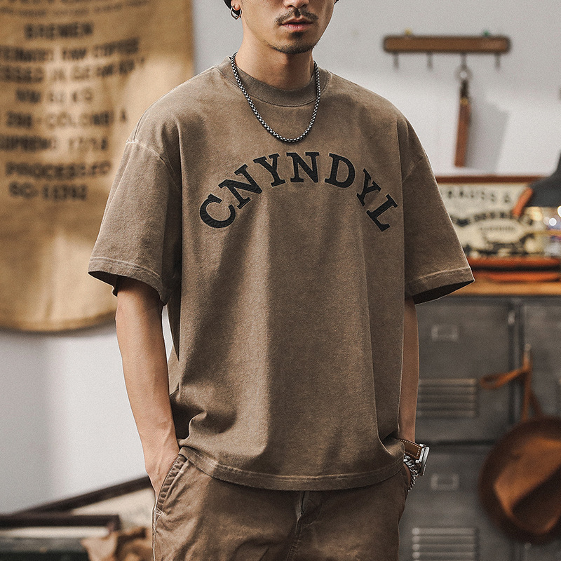 美式復古300g重磅T恤男短袖夏季古著上衣重水洗臟染寬鬆體恤