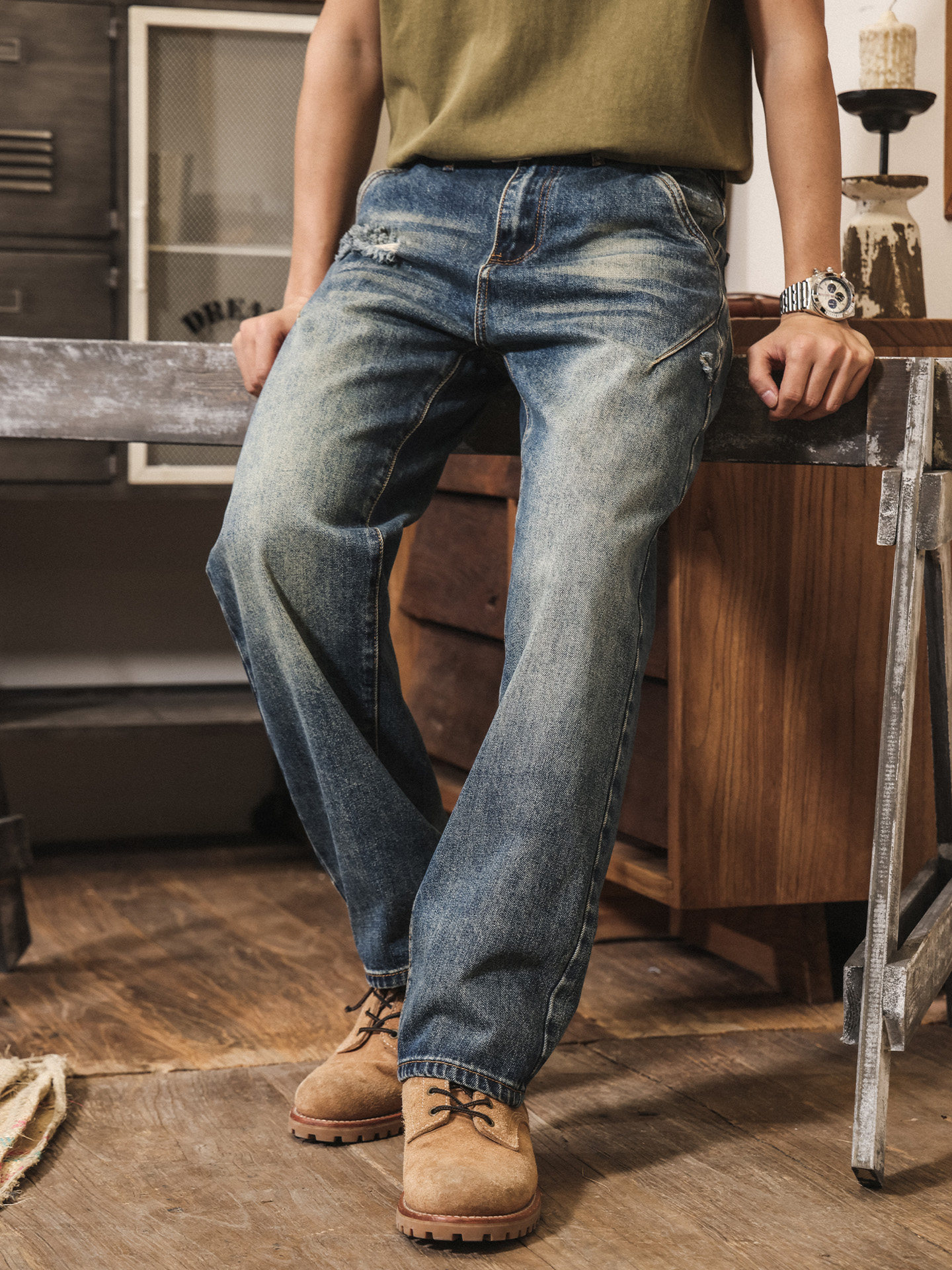 美式復古破洞牛仔褲男款直筒春季2026新款潮牌重磅寬鬆男士休閒褲