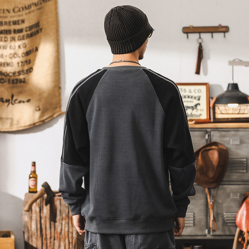 美式復古350g重磅衛衣男秋冬款潮牌肌理感華夫格秋季長袖T恤男士