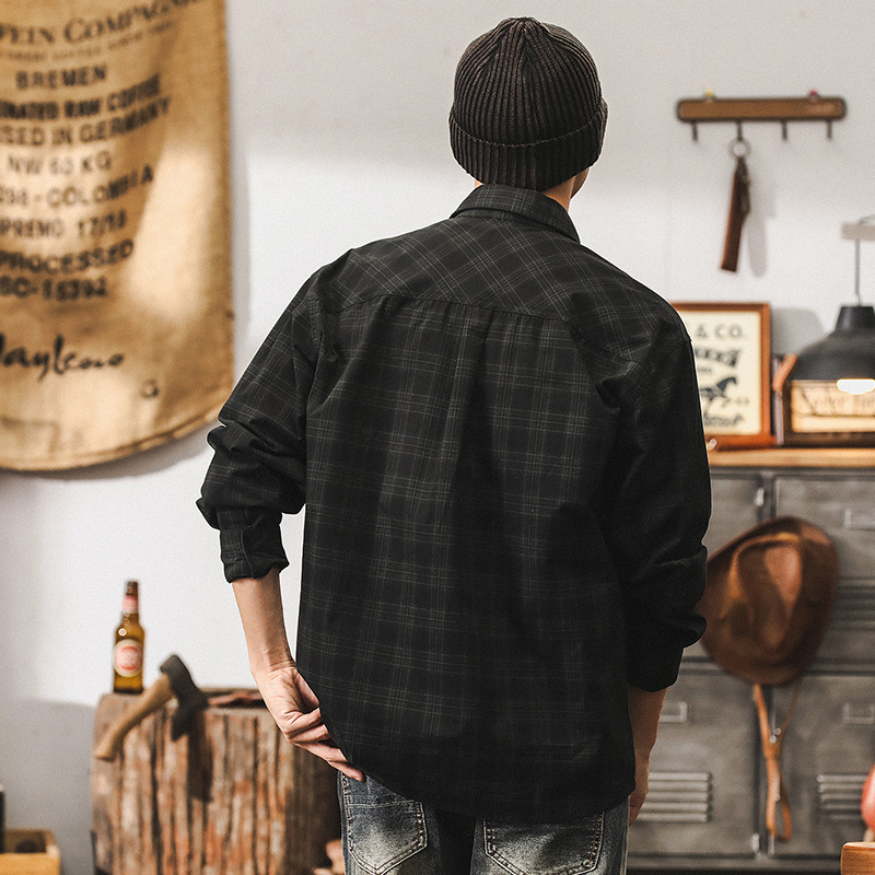 美式復古格子襯衫男長袖秋季潮牌高級感痞帥襯衣男士寬鬆上衣外套
