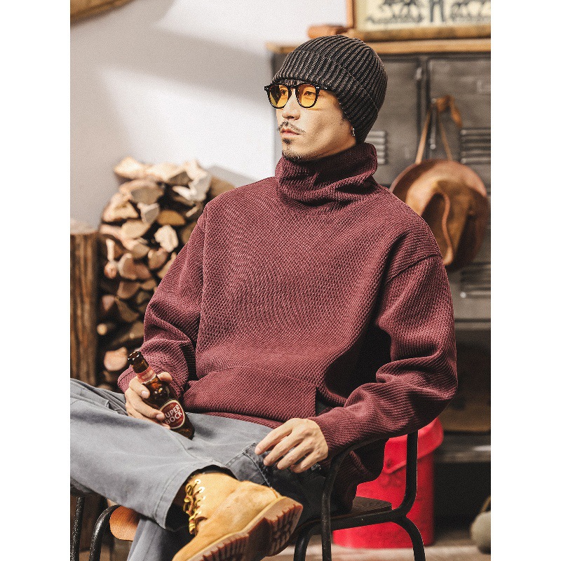 美式復古550g重磅高領衛衣男秋冬新款寬鬆保暖棗紅色男士秋季上衣