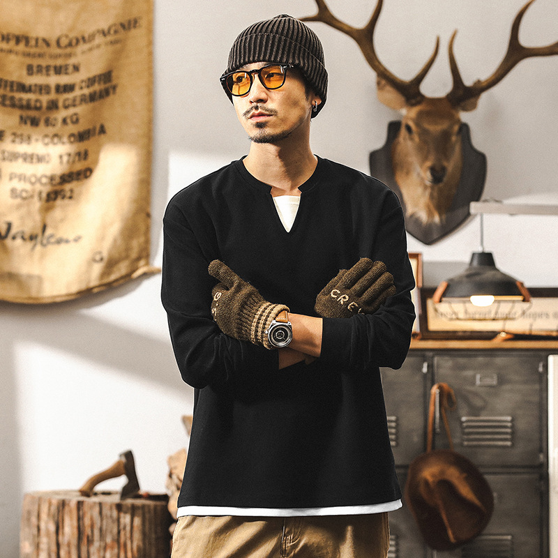 【假兩件】360g重磅長袖T恤男秋季寬鬆美式復古深V領硬漢亨利衫男