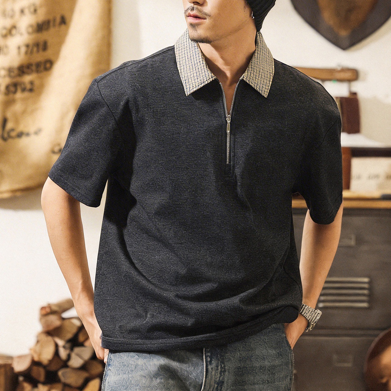 美式復古半拉鍊短袖POLO衫男夏季潮流拼接格紋T恤寬鬆休閒上衣男T