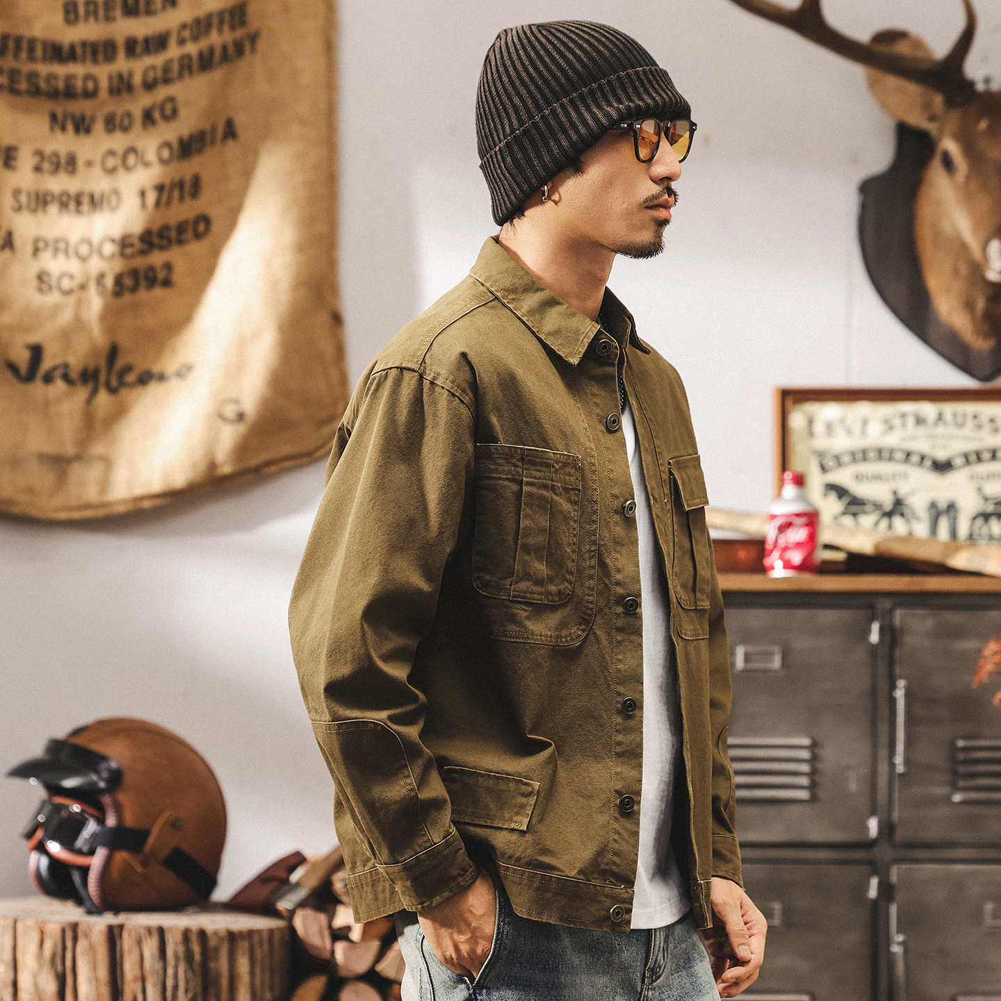 美式復古重磅工裝襯衫男長袖春秋新款潮牌寬鬆硬漢獵裝夾克外套男