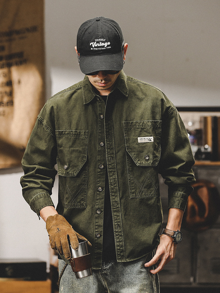 美式水洗重磅工裝夾克外套男2024新款寬鬆潮牌春季襯衫男長袖襯衫