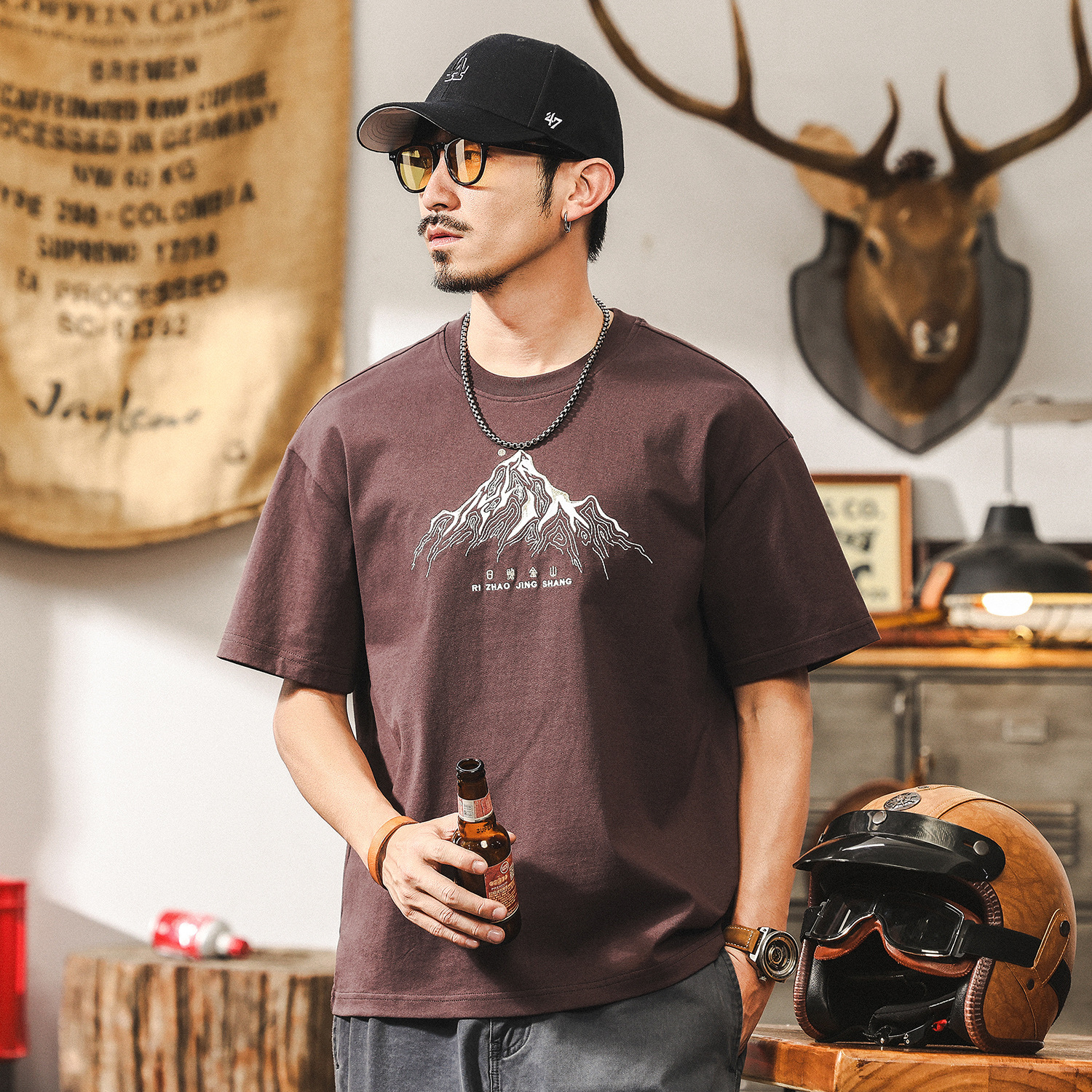 日照金山刺繡230g重磅T恤男士短袖夏季2025新款美式潮牌上衣