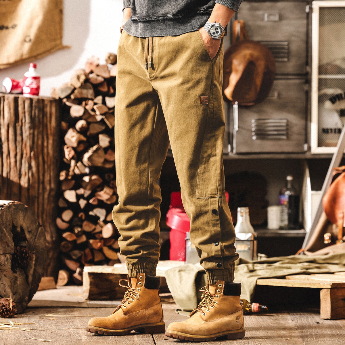 美式重磅雪花絨褲子男春秋復古潮牌工裝休閒褲男寬鬆直筒秋季長褲