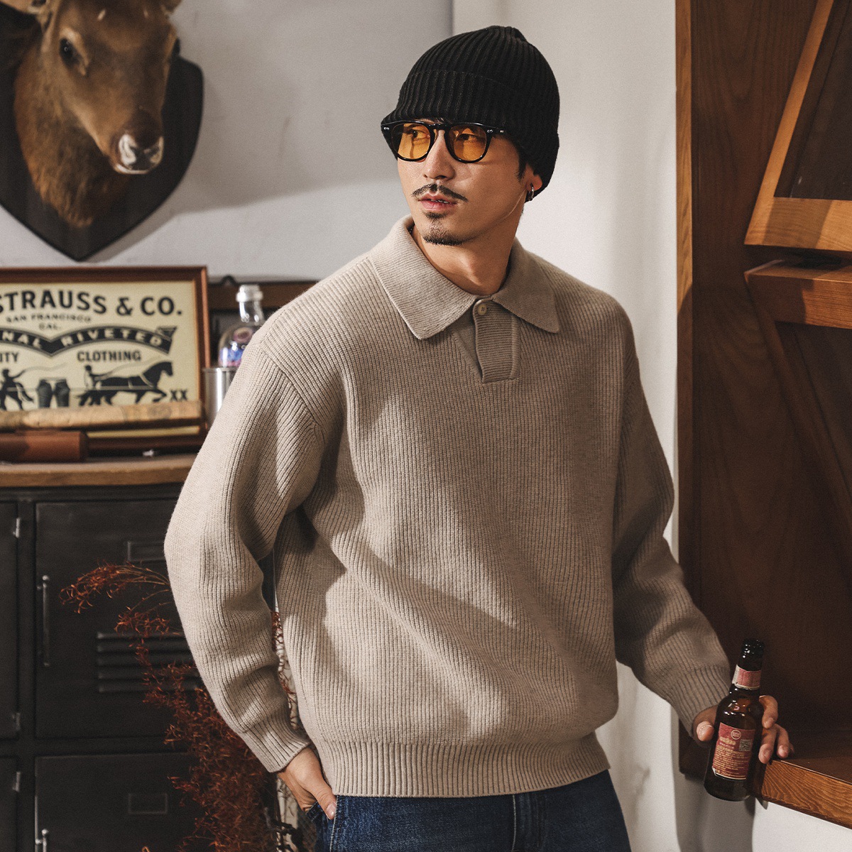 美式復古Polo馬球領毛衣男秋冬新款輕熟寬鬆毛線衣休閒男士針織衫