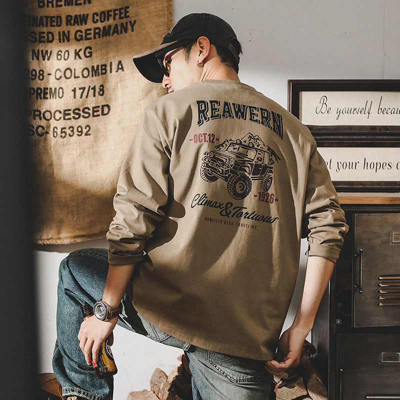 美式260g重磅T恤男長袖男士春季潮牌男裝寬鬆上衣印花打底衫