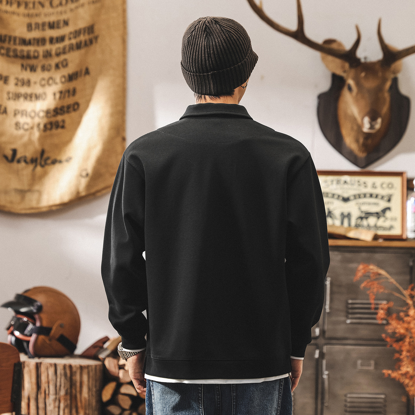 假兩件黑色Polo領重磅衛衣男春秋2025新款美式復古寬鬆休閒上衣男