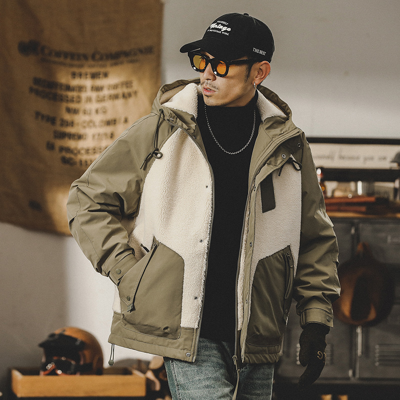 美式拼接設計羊羔絨外套男冬季2023年新款男生加絨加厚工裝棉服男