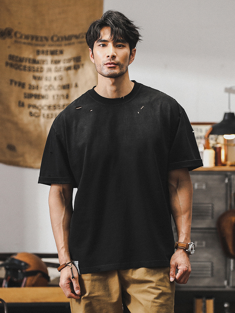 美式復古重磅T恤男夏季寬鬆潮牌高街個性漸變破洞水洗體恤男破洞T