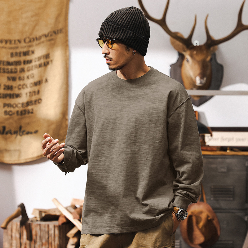 竹節肌理T恤男長袖春秋季2025新款多巴胺紫色寬鬆簡約男士上衣T潮