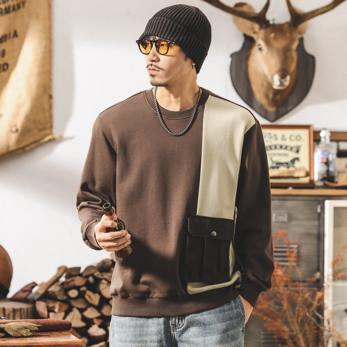 美式复古重磅卫衣男春秋新款潮牌撞色拼接口袋外套男秋季宽松上衣