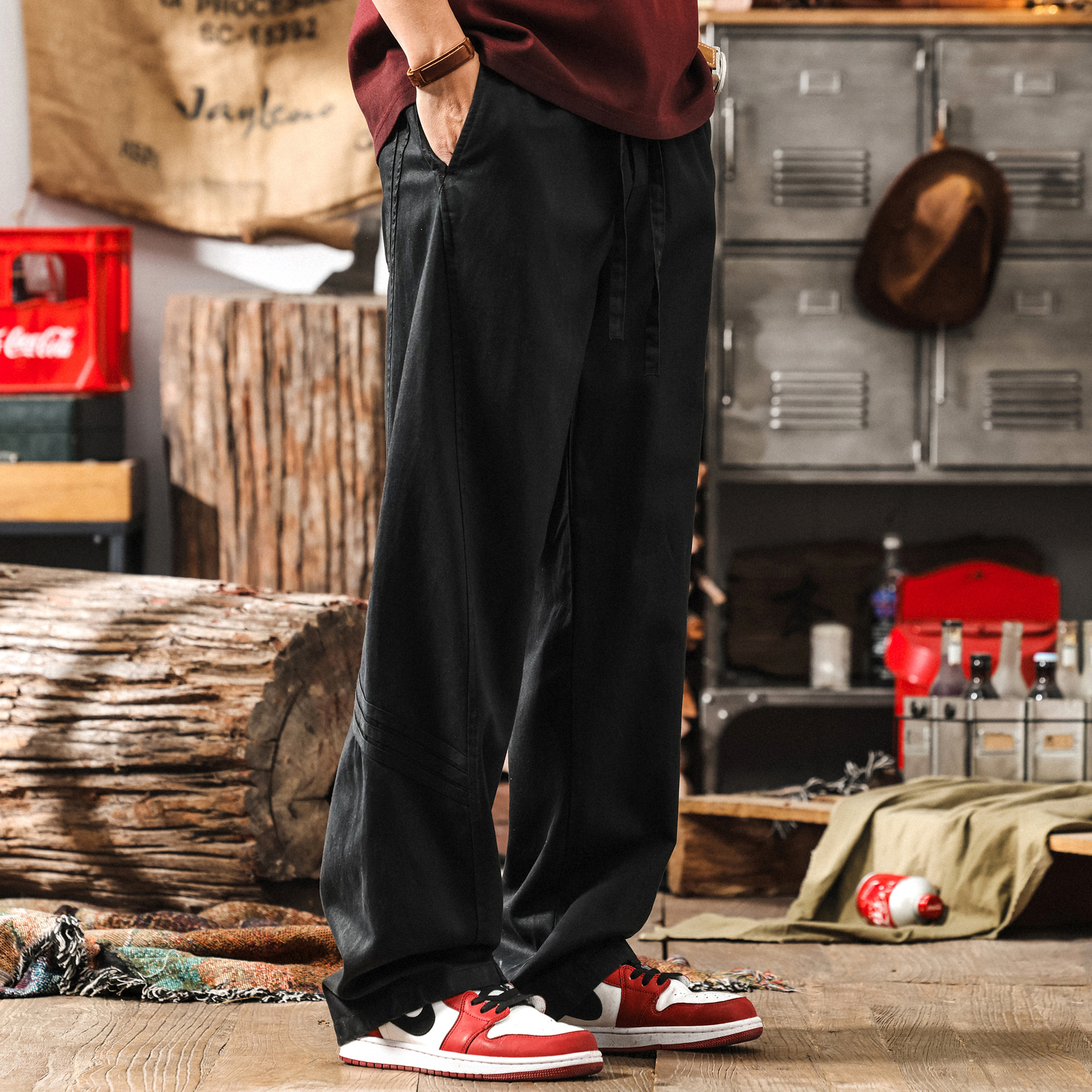 美式復古天絲萊賽爾薄款長褲子男夏季寬鬆直筒垂感黑色男士休閒褲