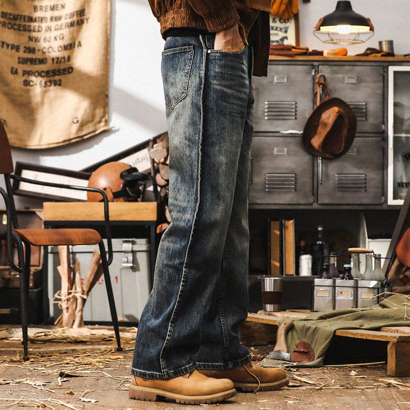 美式經典石磨做舊水洗牛仔褲男秋季寬鬆直筒長褲魚骨線設計褲子男