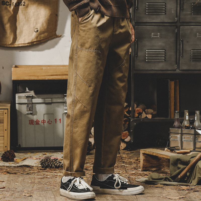 美式重磅工裝褲子男寬鬆直筒休閒褲秋冬款潮流水洗做舊雙膝伐木褲